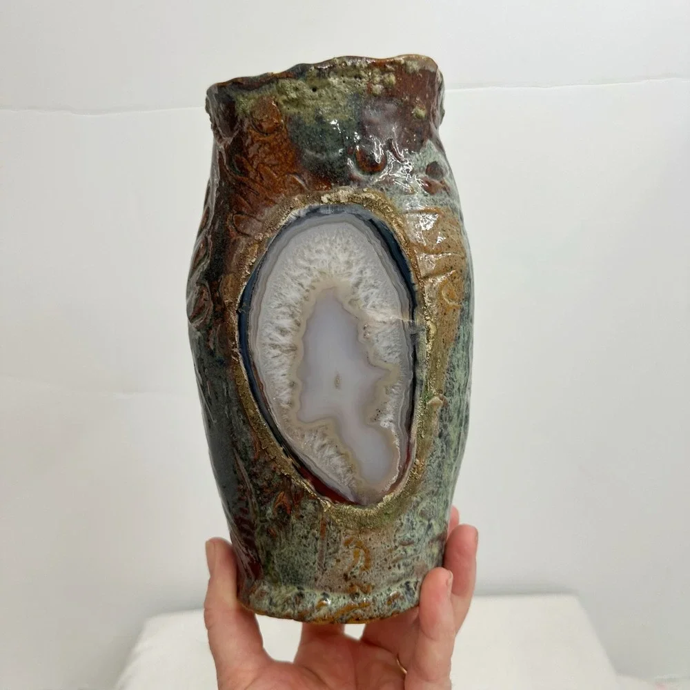 Terrance M Bedell Studio Pottery Vase Handmade signed '14‎ Brown Geode luminary